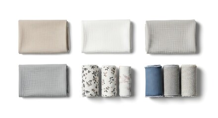 Obraz premium Folded textiles and rolled fabrics displayed on white backdrop