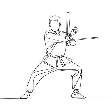 One continuous line illustration of an Arnis Player, isolated on white background.