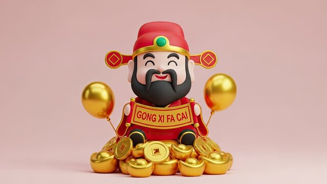 Joyful 3D Caishen, the Chinese deity of prosperity, sitting on a pile of gold, a festive symbol for the Lunar New Year celebration