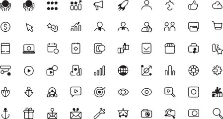Diverse collection of essential line art icons for digital and print media, showcasing business, technology, and lifestyle themes