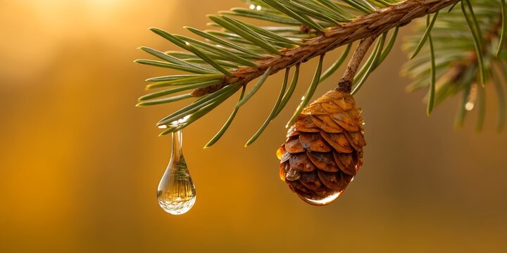 Stunning macro shot of pine cone branch with vibrant green needles and a glistening water droplet creating reflections