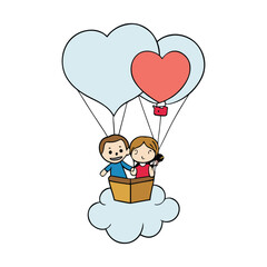 A sweet couple floats high in a colorful hot-air balloon, holding hands as they drift through soft clouds and bright blue skies, sharing love, adventure, and dreamy moments together.
