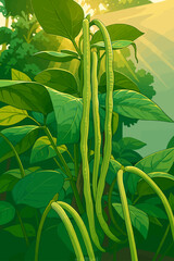 An illustrated close-up of a thriving yardlong bean plant, featuring long green pods hanging vertically among lush, healthy leaves. Warm sunlight filters through the foliage, creating a bright and vib