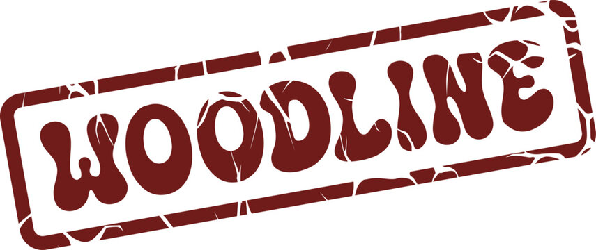 Vintage styled red brown WOODLINE text in a grunge rubber stamp for timber industry branding purposes