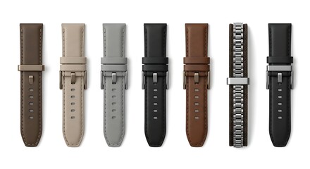 Variety of watch straps in different colors flat lay view