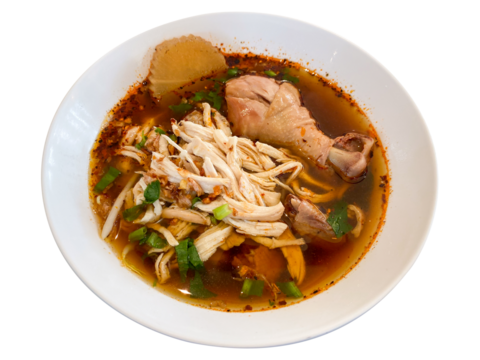 Homemade Thai chicken noodle soup, isolated on transparent background.