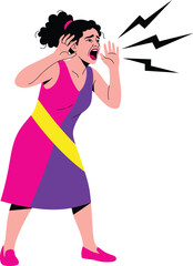 A distressed woman in a vibrant pink and purple dress shouting loudly with her hands cupped.