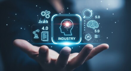 Industry AI Hologram Over Palm &ndash; AI Head, Robotic Arm 4.0, Gears and Analytics