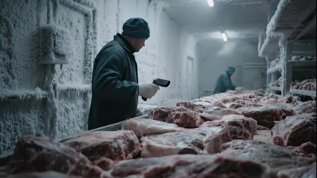 Worker scanning meat in a cold storage warehouse, surrounded by frost and ice.