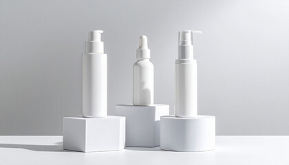 Trendy background with natural cosmetic skincare bottles product presentation beauty and body care product concept beauty oil and face cream in white frosted glass bottles
10