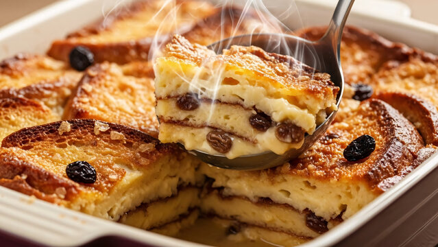  Classic bread and butter pudding with raisins served hot
