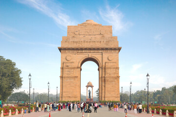 Delhi, India, November 28, 2025: Front view of the historic India Gate monument made of sandstone...