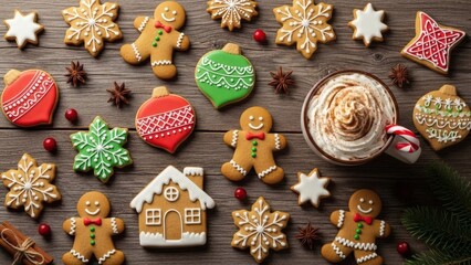 Festive christmas cookies and hot chocolate on wooden background