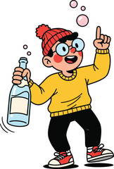 Cheerful cartoon boy in a yellow sweater and red beanie holding a bottle and pointing up with an idea.