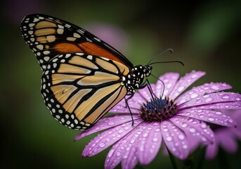 Naklejka premium A monarch butterfly perched on a purple daisy covered in water droplets in a garden setting view