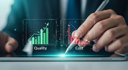 Quality vs Cost Holographic Charts Over Tablet — Rising and Falling Bar Graphs