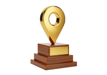 Golden location pin trophy isolated on transparent background for awards and recognition