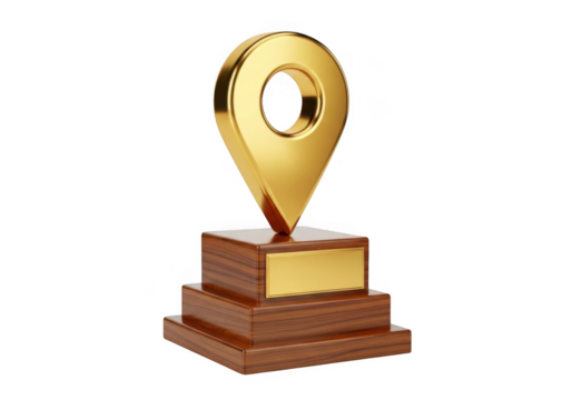 Golden location pin trophy isolated on transparent background for awards and recognition