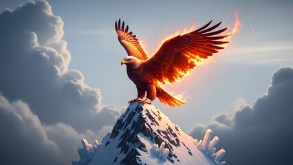 A majestic eagle with fiery wings perched atop a snow-covered mountain peak under a cloudy sky.