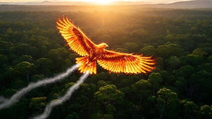 A majestic fiery eagle with glowing wings soars over a lush green forest at sunset, leaving smoke trails behind.