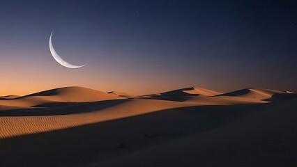 Crescent Moon Over Desert Dunes at Dusk