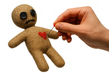 Hand sticking pin into voodoo doll's heart, symbolizing heartbreak, curse, revenge, magic, and dark emotions