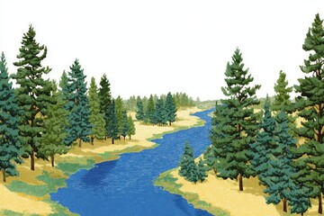 Illustrated Scene of River Flowing Through a Forest with Dense Pine Trees under Clear Skies