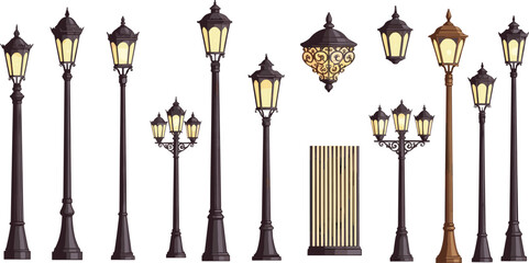Vintage street lamps collection, classic outdoor lantern illustrations, decorative urban lighting set, antique lamp posts, retro city lights, ornate lamp designs artwork