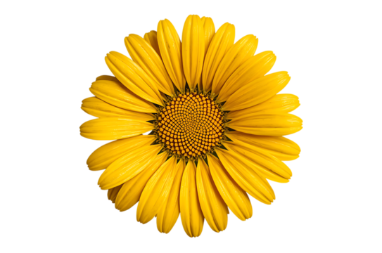 Vibrant yellow blossom with intricate petals, radiating natural beauty and cheerful energy, a perfect symbol of joy and warmth in full bloom, isolated on a clean white background