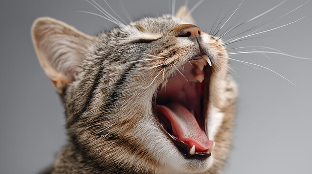 yawning cat close up, sleepy yawning kitten portrait, cat mouth open yawn shot
