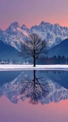 Lone Bare Tree Reflected In Calm Water Against Snow Capped Mountains During Sunset