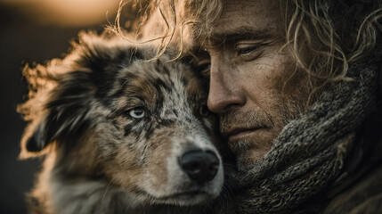 Man gently caressing dog with blue eyes in warm sunlight, showing heartfelt bond and crisp details of fur and skin in close up portrait