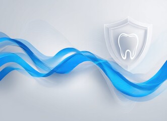 Dental care protection concept with tooth inside shield on light gray background. Healthcare and medical security design with flowing blue light wave patterns and modern digital elements.
