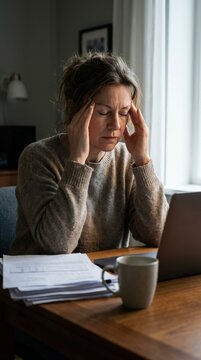 Stressed woman suffering from a headache while working on her laptop at home feeling overwhelmed and tired.