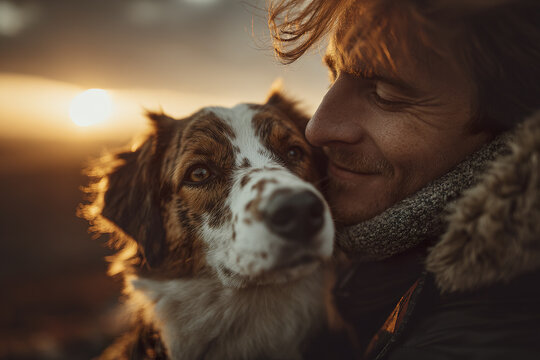 Man and dog sharing affectionate moment outdoors during warm sunset light, showing close bond and happiness in natural setting