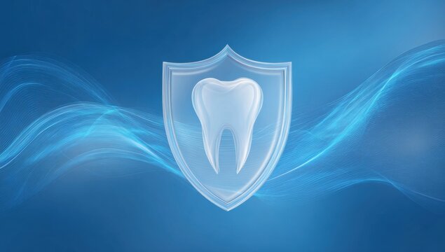 Protective shield icon with tooth symbol on blue background. Dental health protection concept with glowing wave patterns. Medical and oral care security design with digital technology elements.
