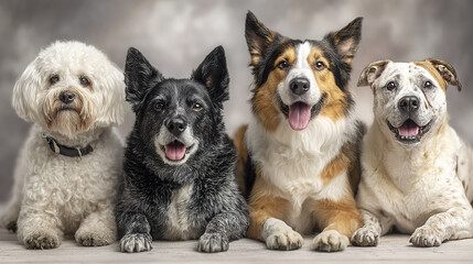 Obraz premium Four mixed breed dogs lying down together on neutral background, showing happy and calm expressions with bright eyes and relaxed posture