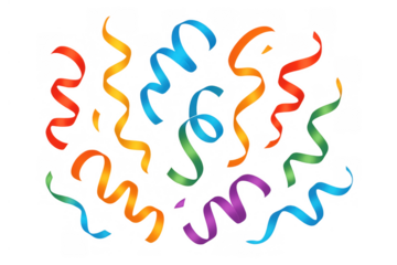 Colorful serpentine ribbons falling, creating a festive feel for celebrations, parties, and events on transparent background