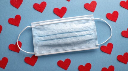 Medical Face Mask With Red Glitter Hearts on Textured Blue Background For Valentine Day Celebration