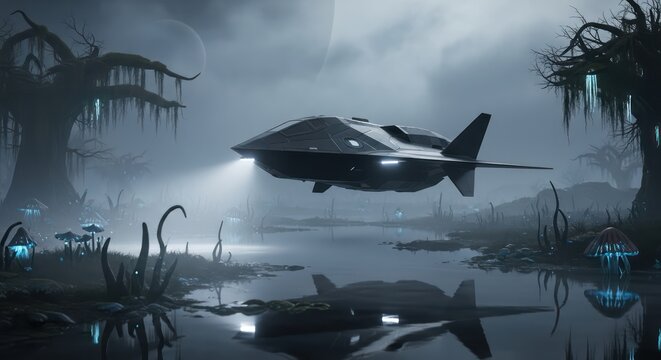 Futuristic aircraft navigates a mysterious ethereal swamp under a clouded sky