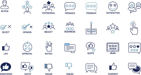User feedback icons, review symbols, rating vector, customer opinion illustration, testimonial graphics, satisfaction tools, flat vector illustration