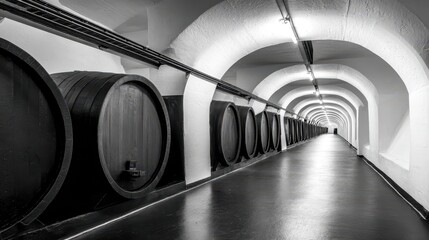 Monochromatic Interior Shot Of Wine Cellar Featuring Rows Of Wooden Barrels and Arched Ceiling
