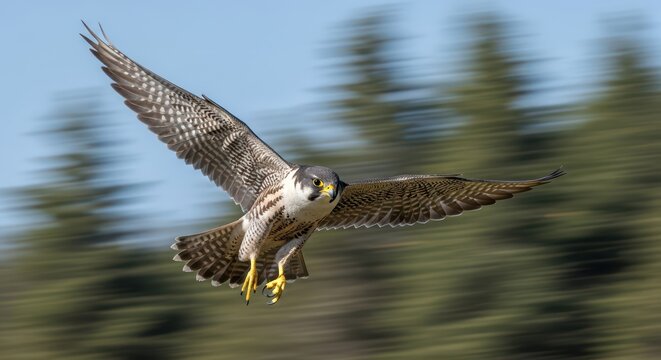 Peregrine falcon soars with wings outstretched over a vibrant forest backdrop in dynamic flight