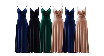 Elegant dresses in various colors displayed against white backdrop