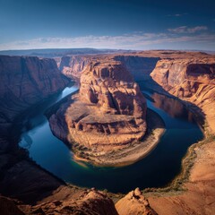 Panoramic View of Horseshoe Bend Canyon with the Colorado River under Sunlight