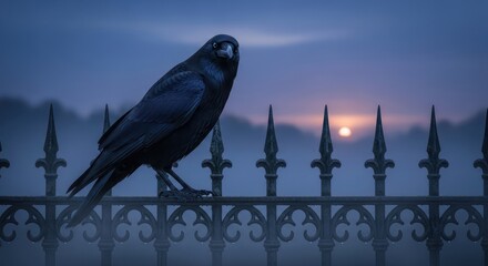 Obraz premium Raven perched on gothic wrought iron fence against a twilight foggy backdrop