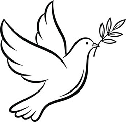 Peace Dove Flying with Olive Branch Black Line Art Drawing: Universal Symbol of Hope, Freedom, Unity, and International Religion Icon.