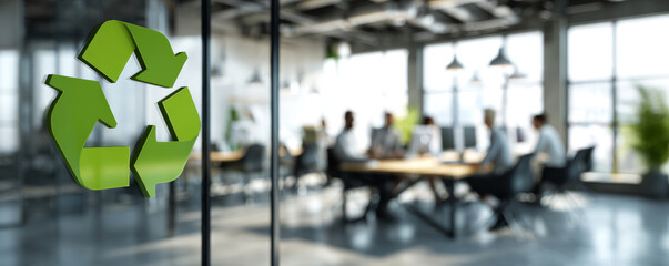 Recycling symbol on glass wall with blurred business team meeting in modern office, sustainable teamwork concept