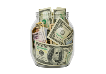 Glass jar filled with various united states dollar bills