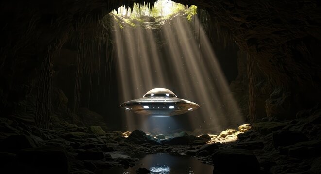 Mysterious encounter: Ufo hovering in a sunlit cave exploration of the unknown